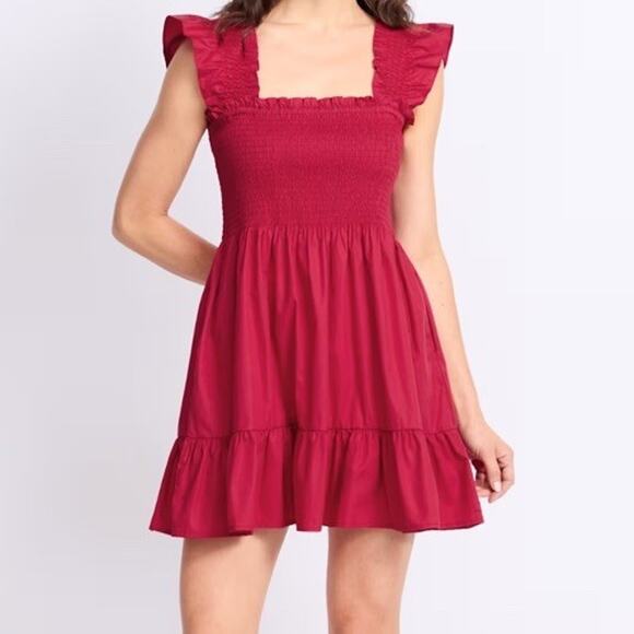 New FEW MODA Lanza Dress Smocked Square Neck Flutter Sleeve Magenta Red Size L - Picture 4 of 4